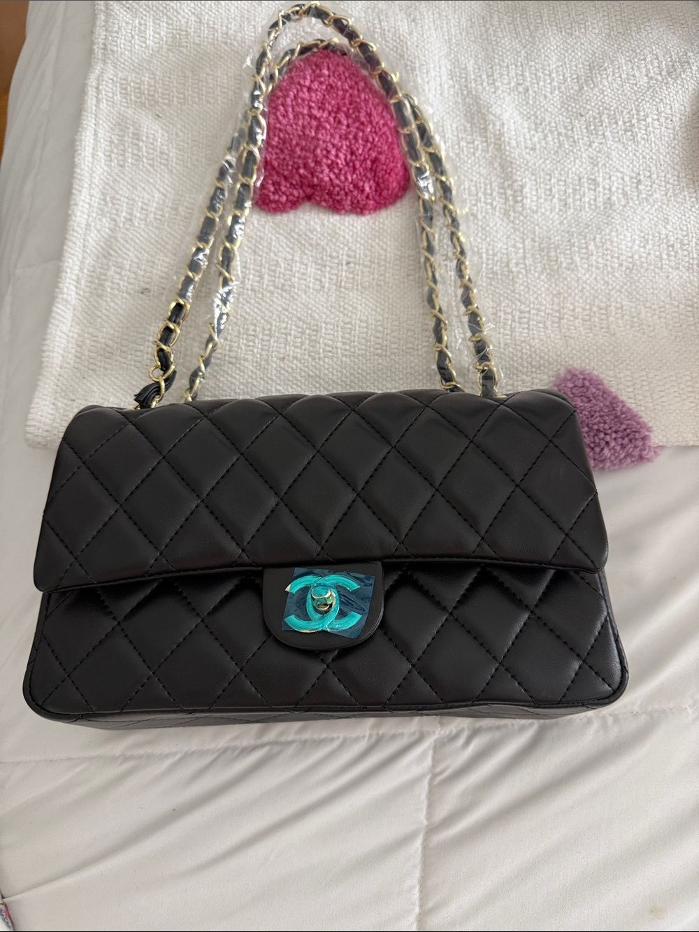 Black Quilted Lambskin Shoulder Bag with Gold Chain
